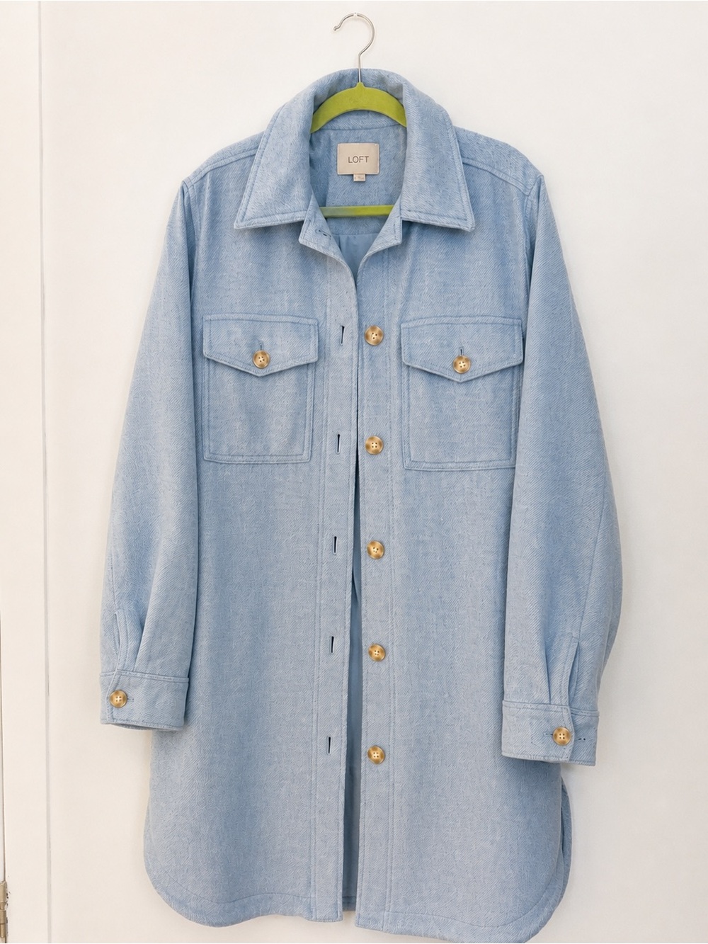 LOFT Pale Blue Denim Shacket with Gold Buttons